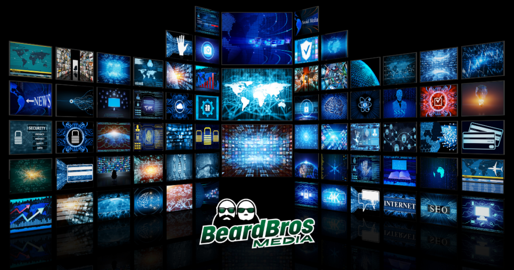 High-tech digital collage featuring a curved video wall of monitors displaying data visualizations, security icons, world maps, and connectivity graphics. At the center, the 'BeardBros Media' logo with cartoon bearded mascots stands out, symbolizing expertise in cannabis marketing and digital media solutions