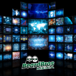 High-tech digital collage featuring a curved video wall of monitors displaying data visualizations, security icons, world maps, and connectivity graphics. At the center, the 'BeardBros Media' logo with cartoon bearded mascots stands out, symbolizing expertise in cannabis marketing and digital media solutions
