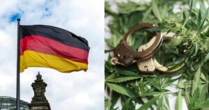 Composite image featuring the German flag waving against a partly cloudy sky, with architectural details of a government building in the background, alongside a close-up of cannabis leaves and buds with silver handcuffs resting on top. The juxtaposition highlights Germany's cannabis legalization and its impact on reducing crime.