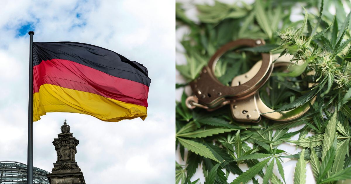 Composite image featuring the German flag waving against a partly cloudy sky, with architectural details of a government building in the background, alongside a close-up of cannabis leaves and buds with silver handcuffs resting on top. The juxtaposition highlights Germany's cannabis legalization and its impact on reducing crime.