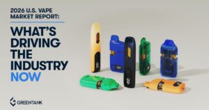 Promotional graphic for the 2026 U.S. Vape Market Report by Greentank. The left side features bold navy and sky-blue text reading 'What’s Driving the Industry NOW,' while the right side showcases seven colorful vaping devices, including matte, glossy, and translucent designs with digital displays, symbolizing advancements in cannabis vape technology
