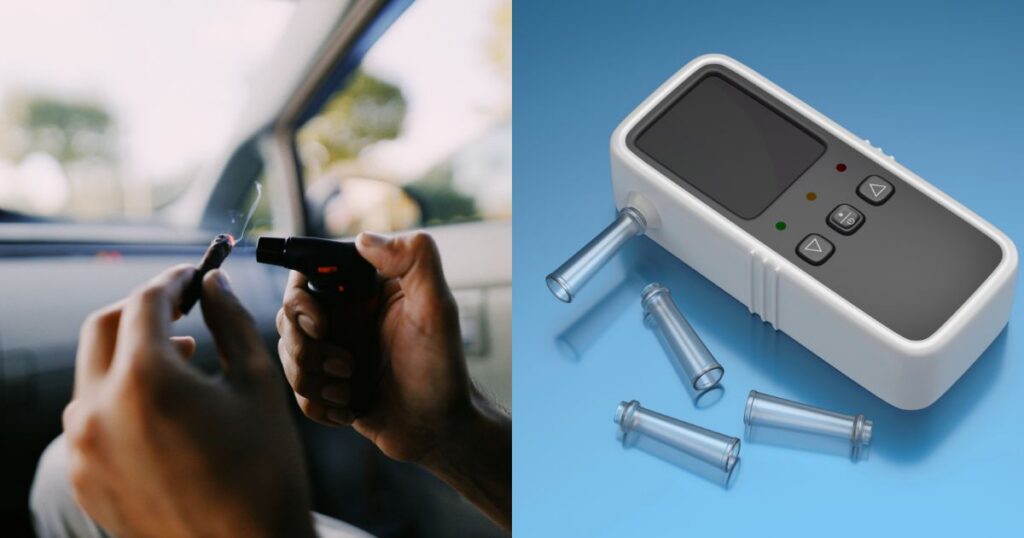 "Side-by-side images illustrating the concept of a THC breathalyzer patent. The left image shows hands lighting a cannabis joint inside a vehicle, with a blurred steering wheel and greenery in the background. The right image features a sleek white and gray handheld breathalyzer device with a dark screen, indicator lights, and detachable mouthpieces on a reflective blue surface, symbolizing advancements in THC detection technology