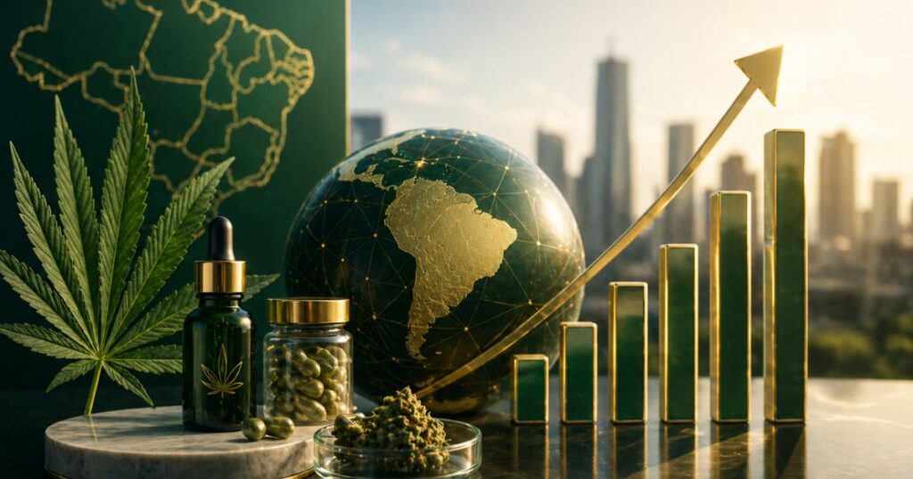 Digitally rendered image showcasing the cannabis industry's growth in Latin America, centered on Brazil. Features a green cannabis leaf, a dropper bottle, capsules, and dried buds in the foreground. A globe with gold connectivity lines highlights South America, paired with a rising bar chart and upward gold arrow symbolizing economic expansion. Background includes a gold-outlined map of Brazil and a glowing cityscape