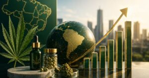 Digitally rendered image showcasing the cannabis industry's growth in Latin America, centered on Brazil. Features a green cannabis leaf, a dropper bottle, capsules, and dried buds in the foreground. A globe with gold connectivity lines highlights South America, paired with a rising bar chart and upward gold arrow symbolizing economic expansion. Background includes a gold-outlined map of Brazil and a glowing cityscape