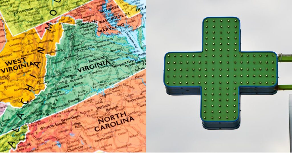 "Side-by-side image featuring a detailed map of Virginia and surrounding states, highlighting cities and geographic landmarks, alongside a green LED pharmacy cross against an overcast sky. The composition symbolizes the Virginia retail cannabis market delay and its impact on regional healthcare and commerce