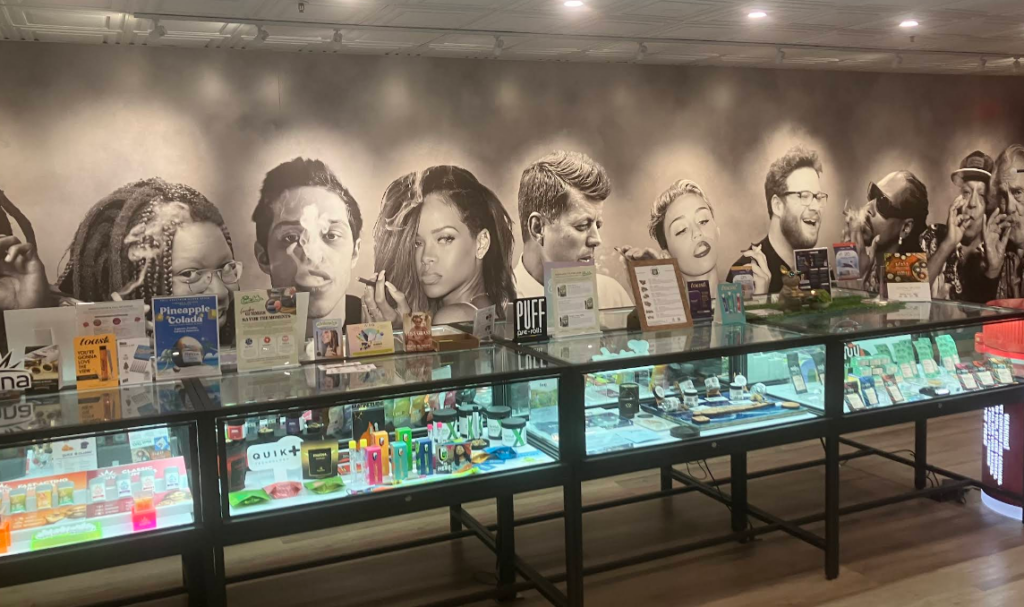 Interior of a modern cannabis dispensary featuring a long row of illuminated glass display cases filled with colorful cannabis products like edibles, vapes, and concentrates. A striking black-and-white mural on the back wall showcases iconic cannabis-associated celebrities, including Snoop Dogg, Rihanna, and Seth Rogen, creating a pop-culture-inspired atmosphere. The space is well-lit with a clean, organized layout designed for an upscale shopping experience.