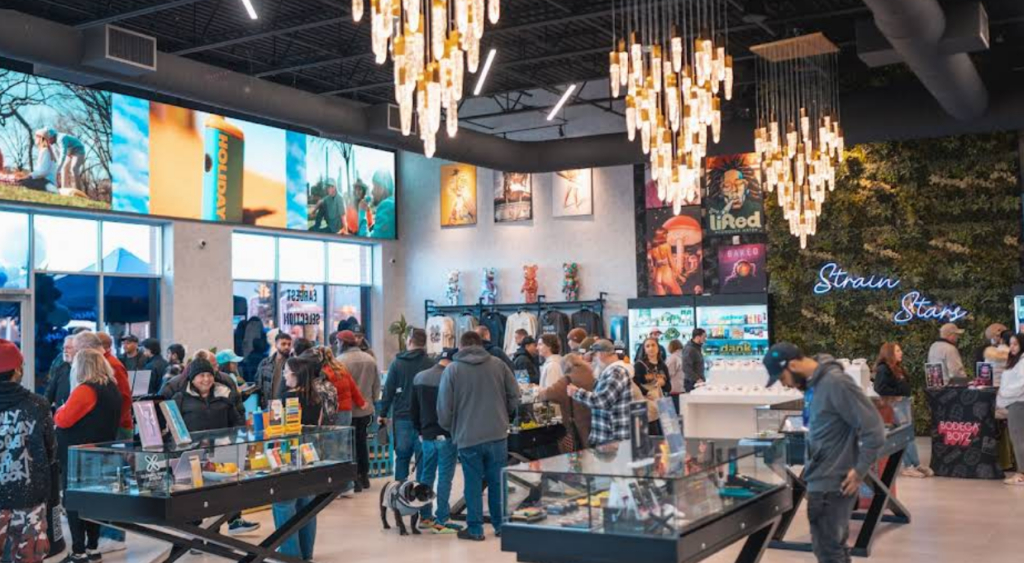 Interior of the Strain Stars dispensary featuring a vibrant crowd browsing cannabis products displayed in sleek glass cases. Decor includes a neon 'Strain Stars' sign on a green living wall, crystal chandeliers, and a large LED screen showcasing product visuals. Casual patrons and a small black-and-white dog add to the lively atmosphere