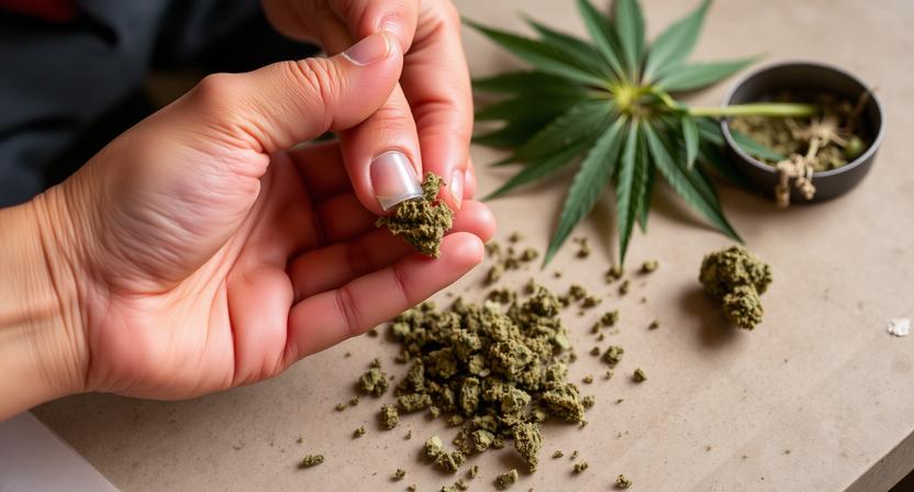 An image showing weed being grinded by hand.