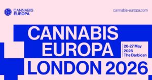 Promotional poster for Cannabis Europa London featuring bold blue and pink event branding, with the conference name, London 2026, dates, website, and Barbican venue details in a clean modern layout