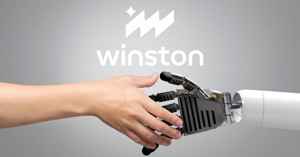 Light gray promotional graphic for Winston featuring a human hand reaching toward a robotic hand beneath the Winston logo and wordmark, symbolizing human and AI collaboration