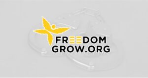 The bold Freedom Grow.org logo, featuring a stylized yellow cannabis leaf and faint gray handcuffs, symbolizes the organization expanding its mission through strategic event partnerships and retail initiatives.