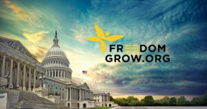 Freedom Grow advocacy graphic featuring the U.S. Capitol under a dramatic sky, with organization branding and logo highlighting Cannabis Week of Unity