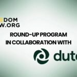Promotional graphic for Freedom Grow round-up program in collaboration with Dutchie, featuring the Freedom Grow logo at top left, centered announcement text, and Dutchie logo at bottom right on a soft green gradient background