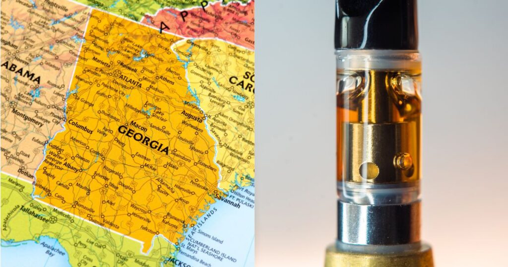Split-screen of a highlighted state map next to an amber oil vape cartridge, representing Georgia medical marijuana.