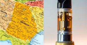 Split-screen of a highlighted state map next to an amber oil vape cartridge, representing Georgia medical marijuana.