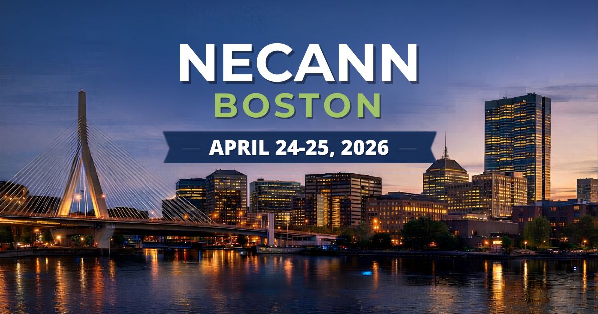 NECANN Boston event graphic for April 24-25, 2026, featuring the twilight skyline, Zakim Bridge, and water reflections.