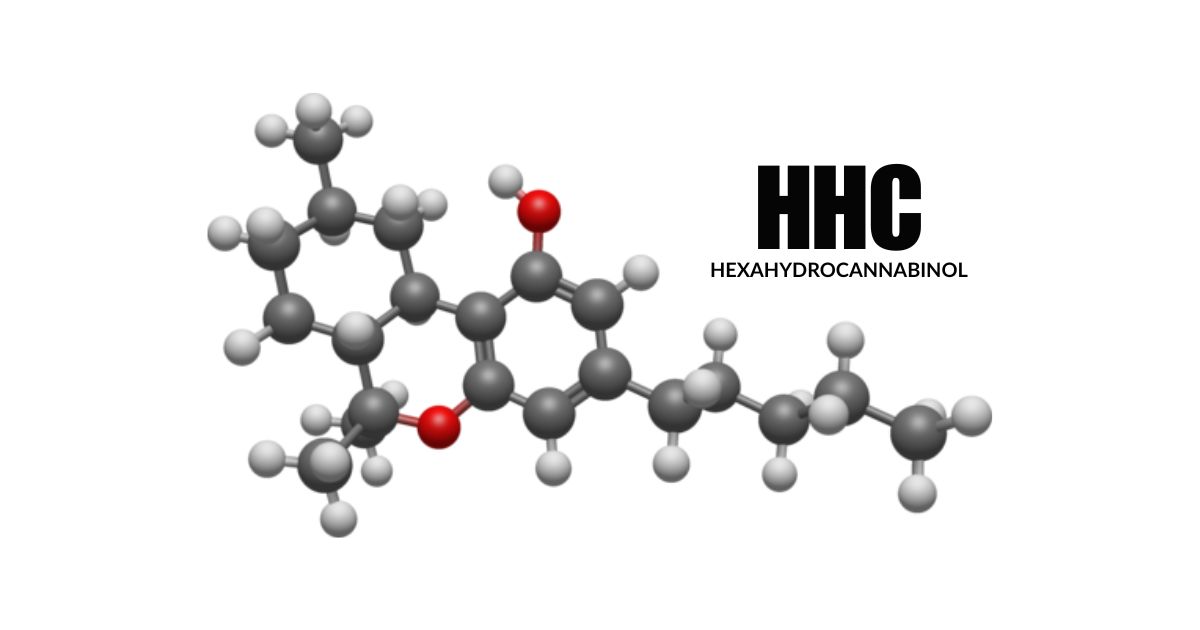 3D molecular model of HHC cannabinoid, or hexahydrocannabinol, displayed on a white background beside bold text reading “HHC” and “HEXAHYDROCANNABINOL