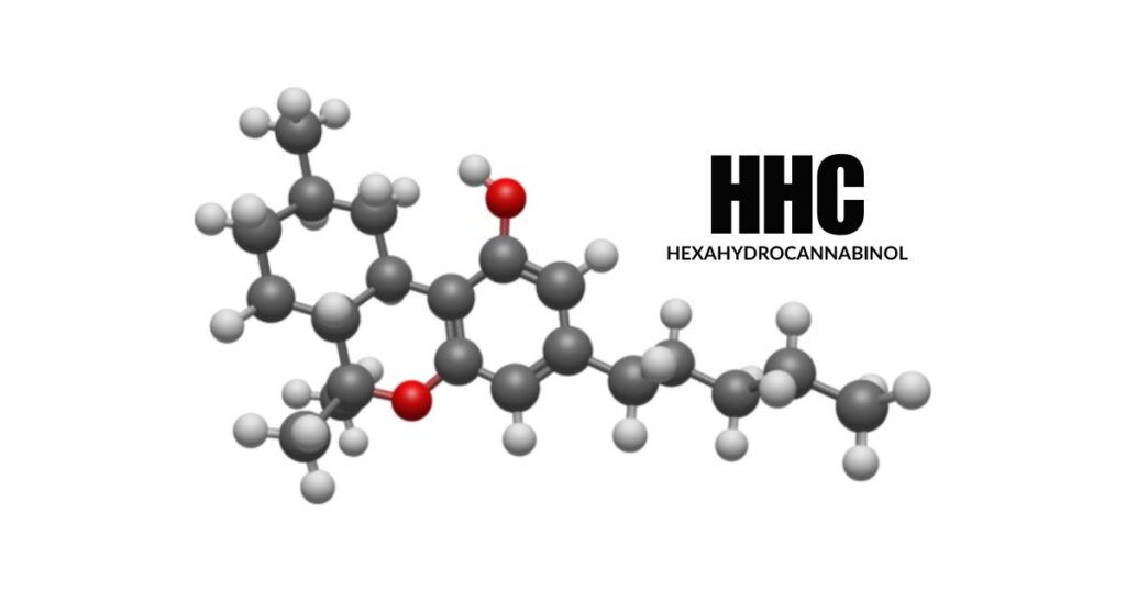 3D molecular model of HHC cannabinoid, or hexahydrocannabinol, displayed on a white background beside bold text reading “HHC” and “HEXAHYDROCANNABINOL