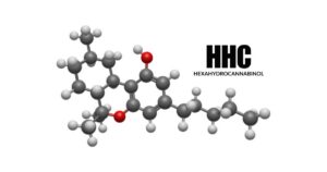 3D molecular model of HHC cannabinoid, or hexahydrocannabinol, displayed on a white background beside bold text reading “HHC” and “HEXAHYDROCANNABINOL