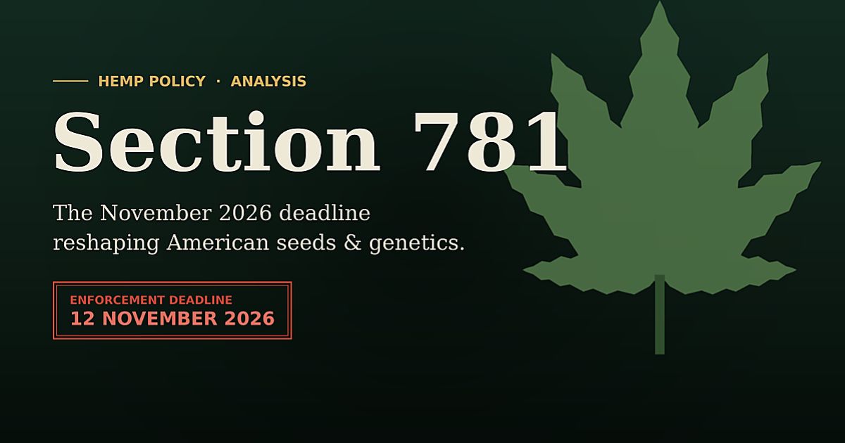 Editorial graphic about the cannabis seed market featuring the headline Section 781, a November 12, 2026 enforcement deadline, and a large stylized cannabis leaf on a dark green background. Create alt-text variations targeting cannabis seed market SEO Write captions for each image describing context