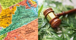A regional map of Virginia paired with a gavel on cannabis leaves, reflecting legislation under Governor Abigail Spanberger.