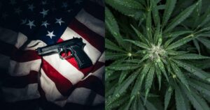 Split image showing a handgun on an American flag beside a close-up cannabis plant, illustrating the Supreme Court cannabis gun ruling.