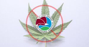 DEA seal over a red prohibition symbol and green cannabis leaf on a white background, illustrating the DEA marijuana rescheduling hearing.