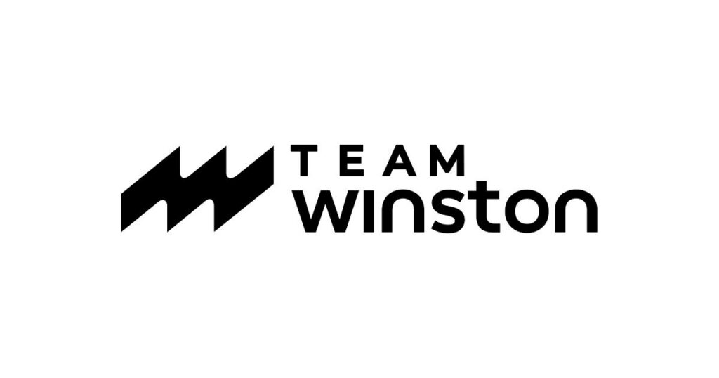 Black-and-white Team Winston logo featuring a bold abstract icon beside stacked text, representing Winston AI branding.