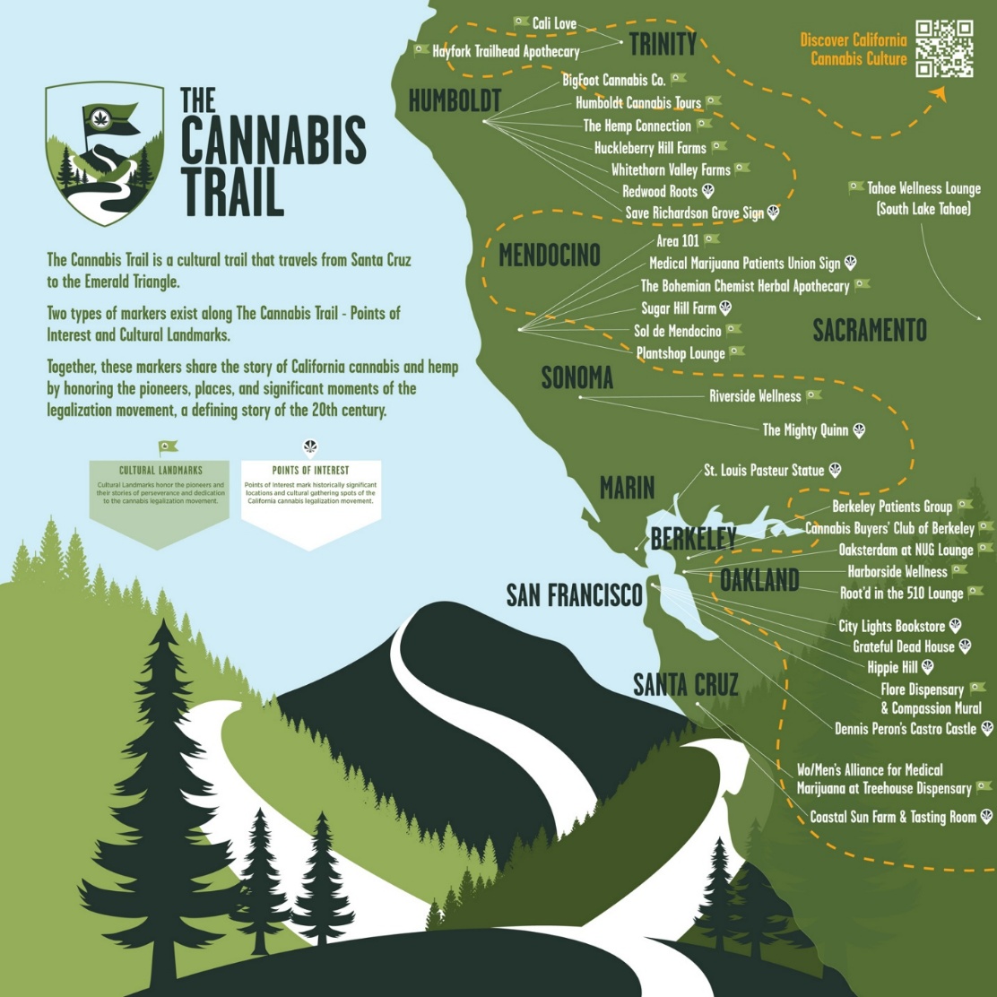 The Cannabis Trail is a cultural journey from Santa Cruz to the Emerald Triangle, featuring various points of interest and cultural landmarks that highlight the history and significance of cannabis in California.
AI-generated content may be incorrect.